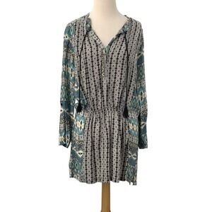 Tolani Silk Tunic‎ Shirt Dress Blue Boho Artsy Long Roll Tab Sleeves Size S READ